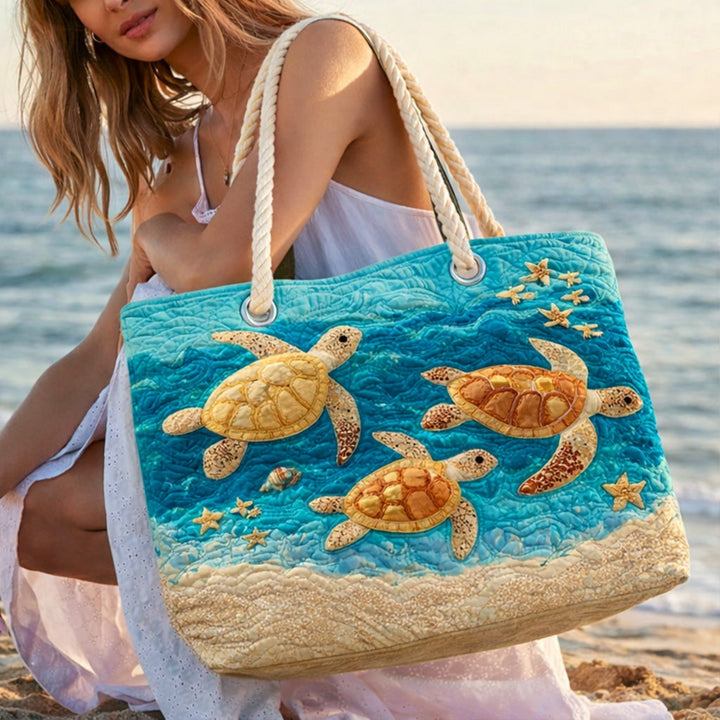 Women's Handmade Beach Tote Bag with Rope Handles and Printed Design