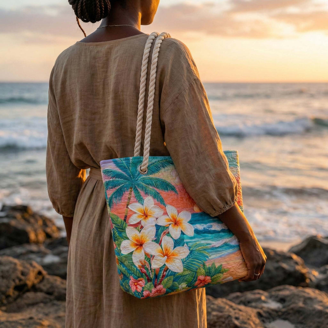 Women's Handmade Beach Tote Bag with Rope Handles and Printed Design