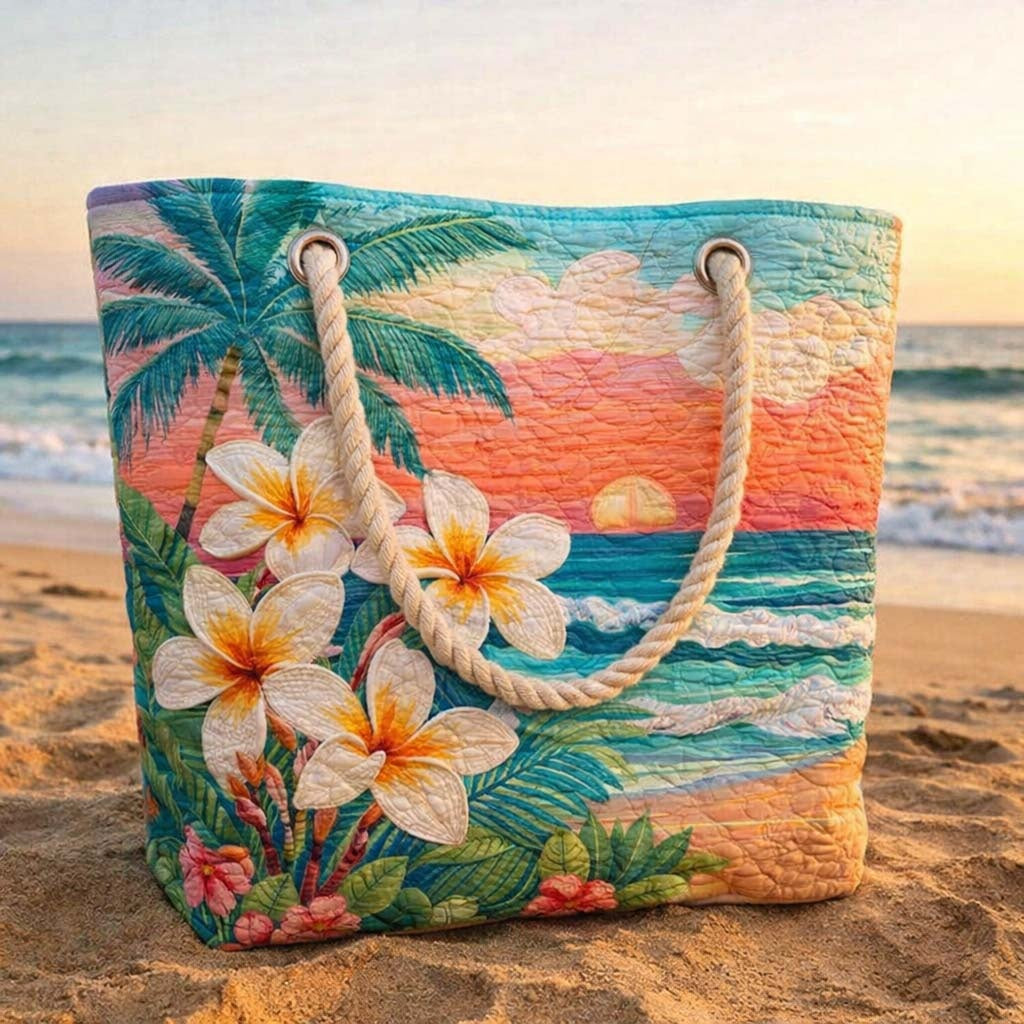 Women's Handmade Beach Tote Bag with Rope Handles and Printed Design