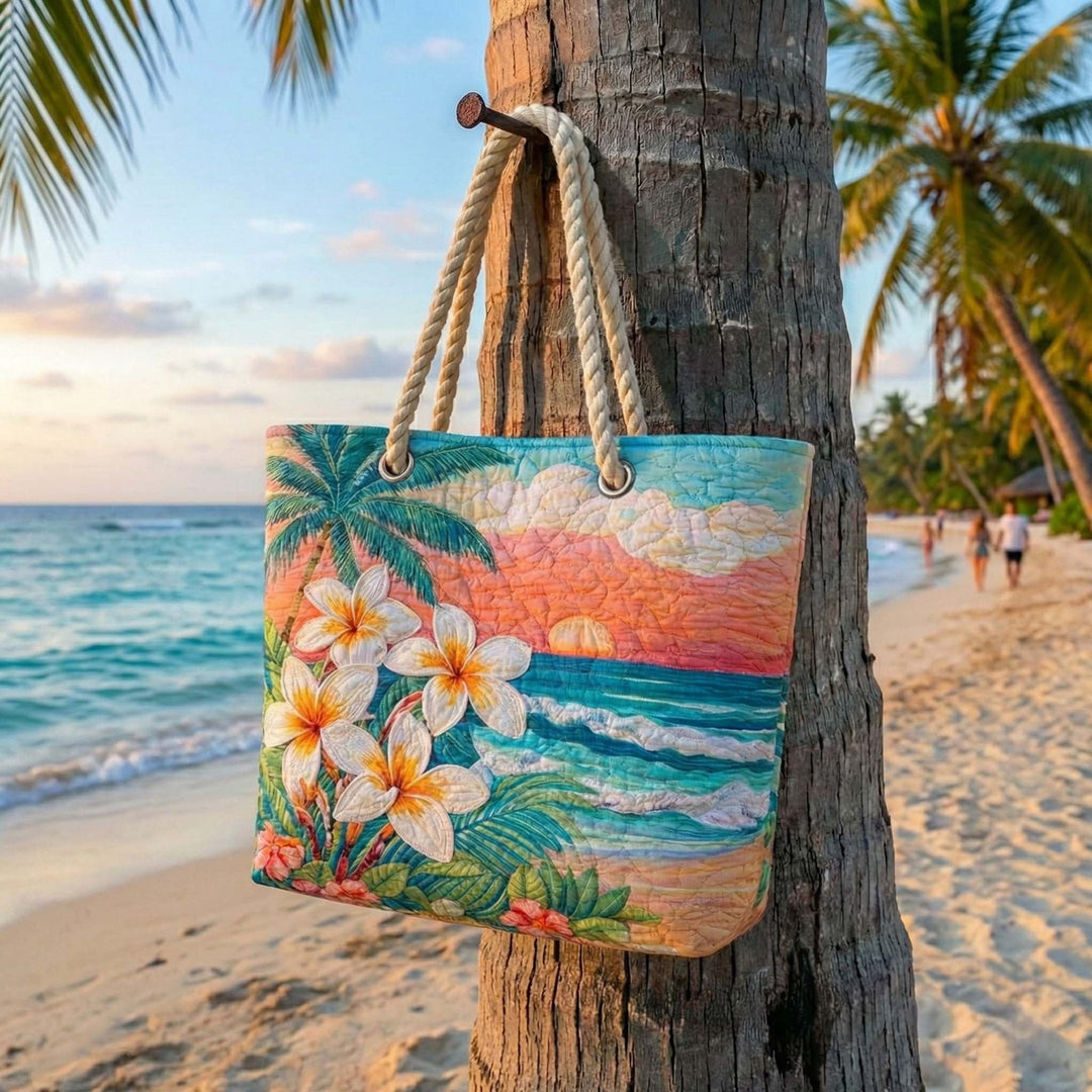 Women's Handmade Beach Tote Bag with Rope Handles and Printed Design