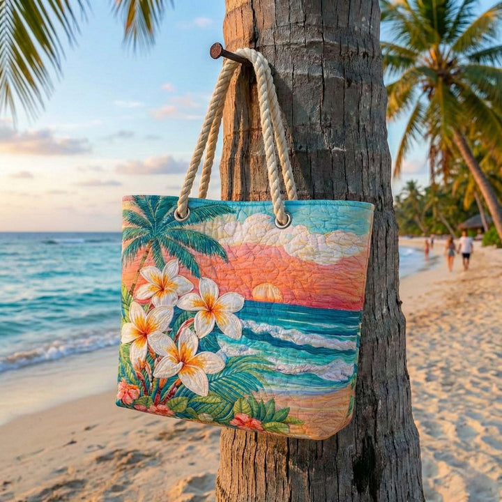 Women's Handmade Beach Tote Bag with Rope Handles and Printed Design