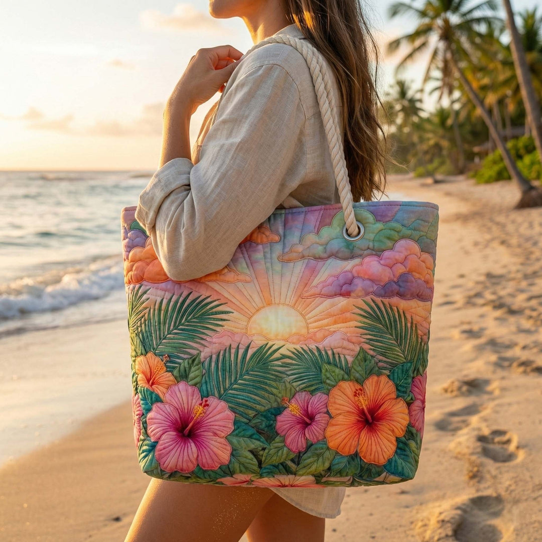 Women's Handmade Beach Tote Bag with Rope Handles and Printed Design