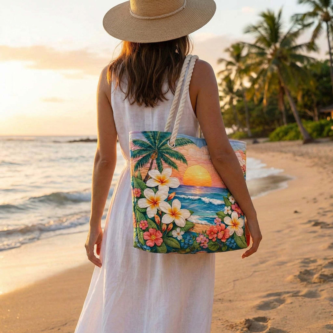 Women's Handmade Beach Tote Bag with Rope Handles and Printed Design