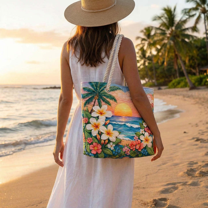 Women's Handmade Beach Tote Bag with Rope Handles and Printed Design