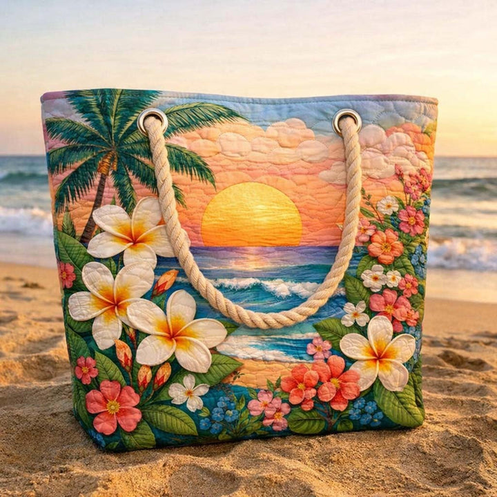 Women's Handmade Beach Tote Bag with Rope Handles and Printed Design