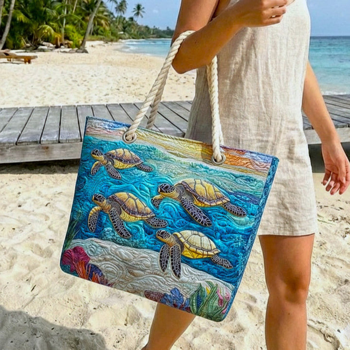Women's Handmade Beach Tote Bag with Rope Handles and Printed Design