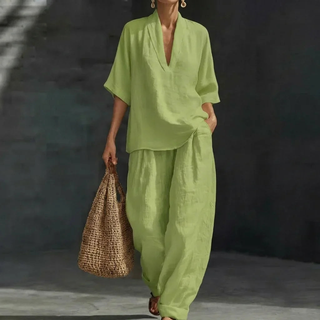 Women's Two-Piece Set with V-Neck Top and Wide-Leg Pants for Autumn