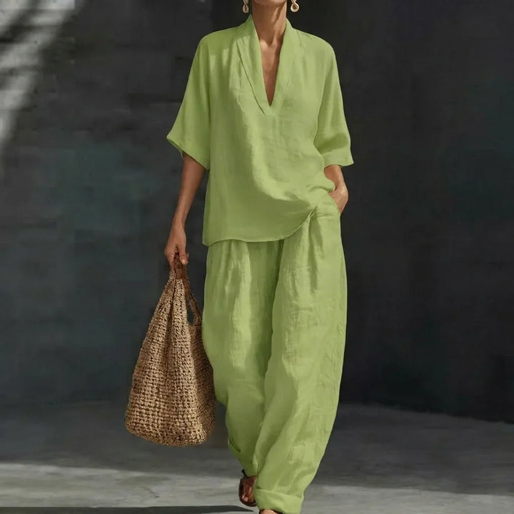 Women's Two-Piece Set with V-Neck Top and Wide-Leg Pants for Autumn
