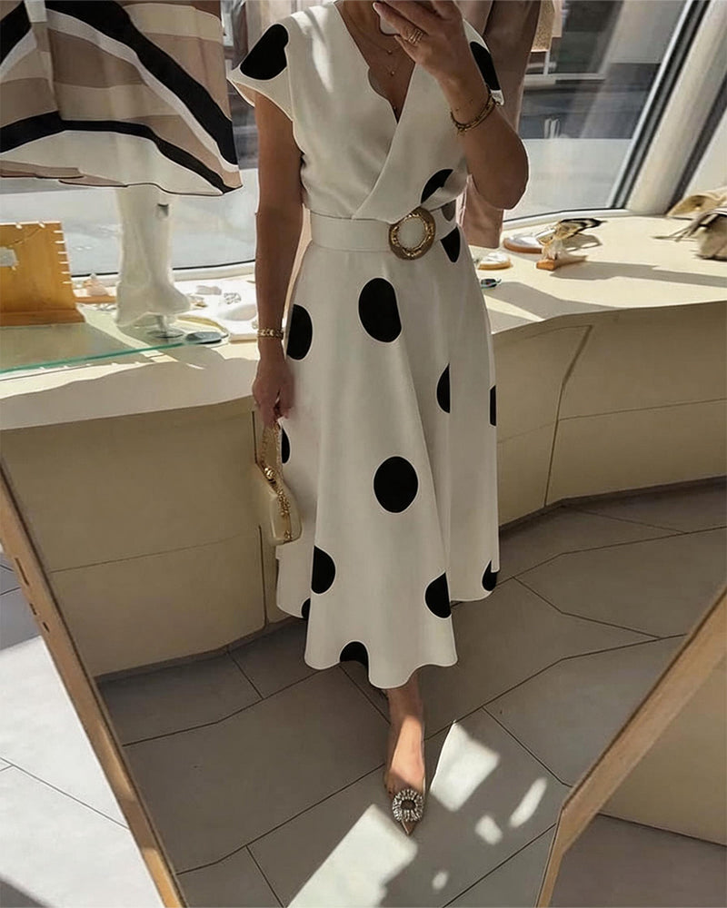 Women's Polka Dot V Neck Midi Dress Autumn Casual Dress