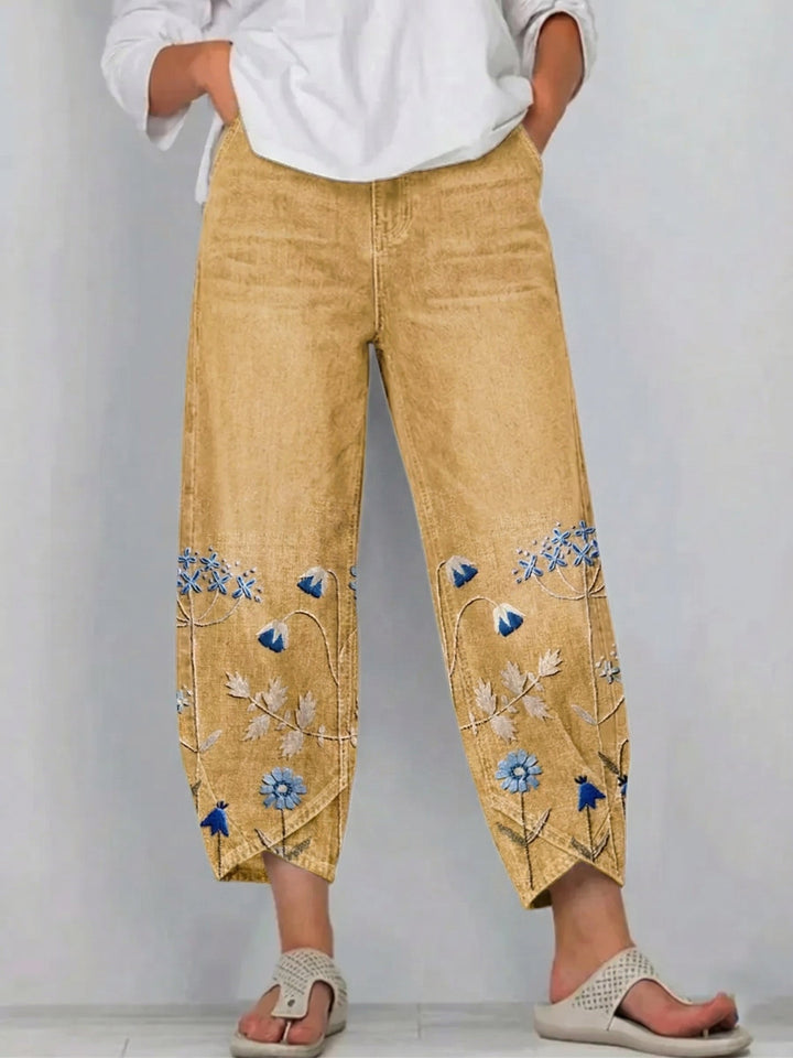 Women's Cotton Denim Pants Autumn Floral Embroidered Straight Jeans