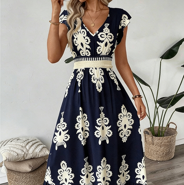 Women's Knit Baroque Print V-Neck Maxi Dress Autumn Casual Dress