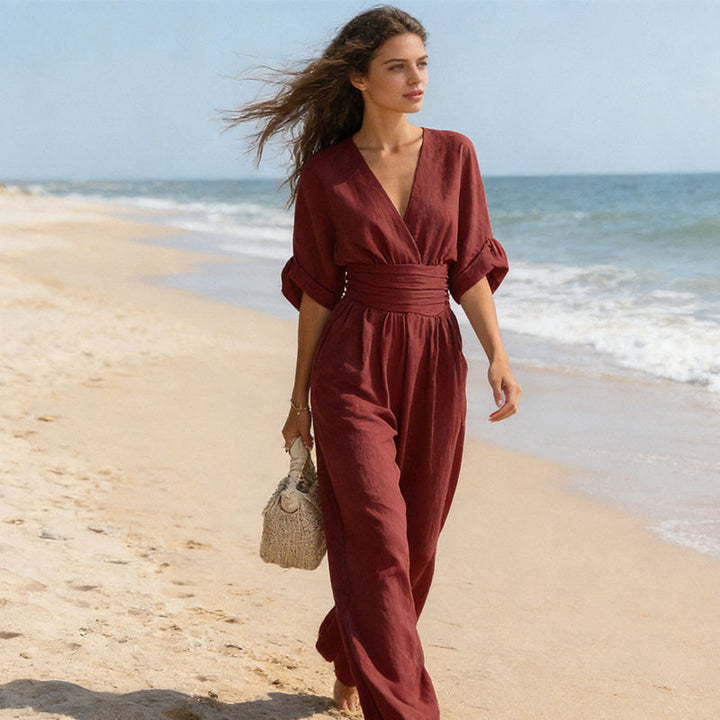 Women's Wide-Leg V-Neck Jumpsuit Autumn Formal Outfit
