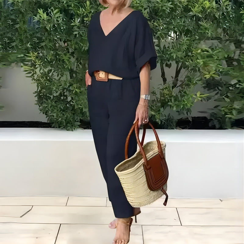 Women's Two Piece Set Spring Linen Look V-Neck Top and Straight Leg Pants Casual Outfit