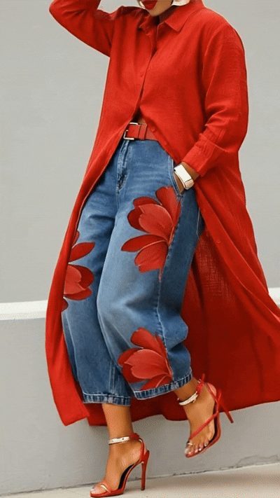 Women's Cotton Midi Shirt Dress Autumn Long-Sleeve Casual Dress