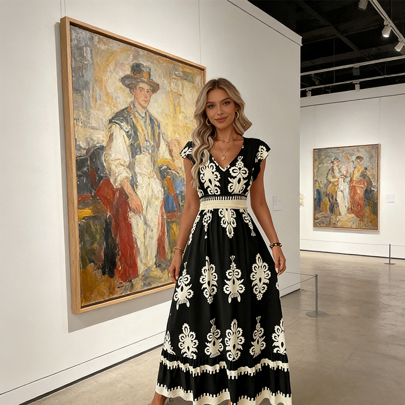 Women's Knit Baroque Print V-Neck Maxi Dress Autumn Casual Dress