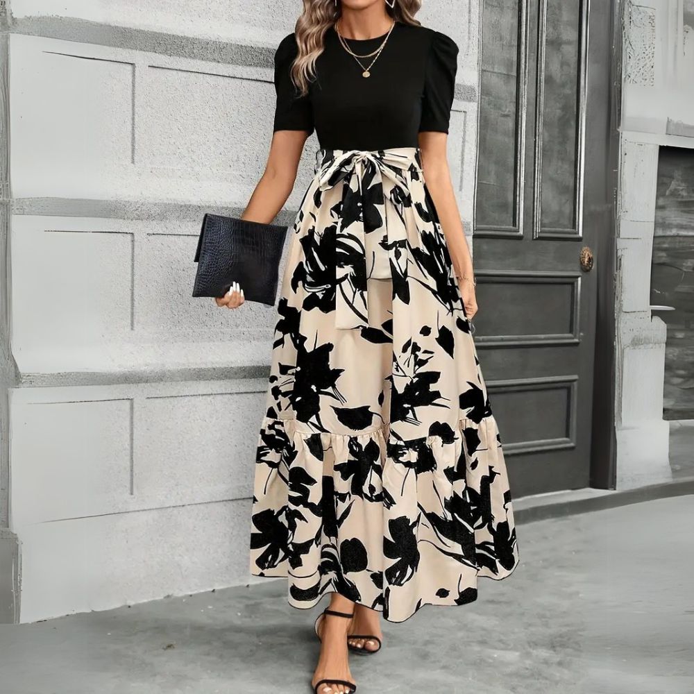 Women's Elegant Floral Maxi Dress with Tie Waist for Autumn Wedding Guests