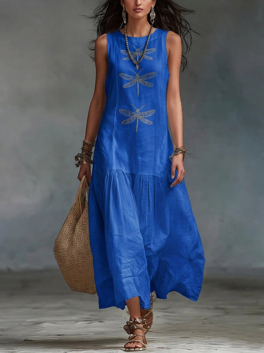 Women's Embroidered Cotton Linen Maxi Dress Autumn Casual Outfit