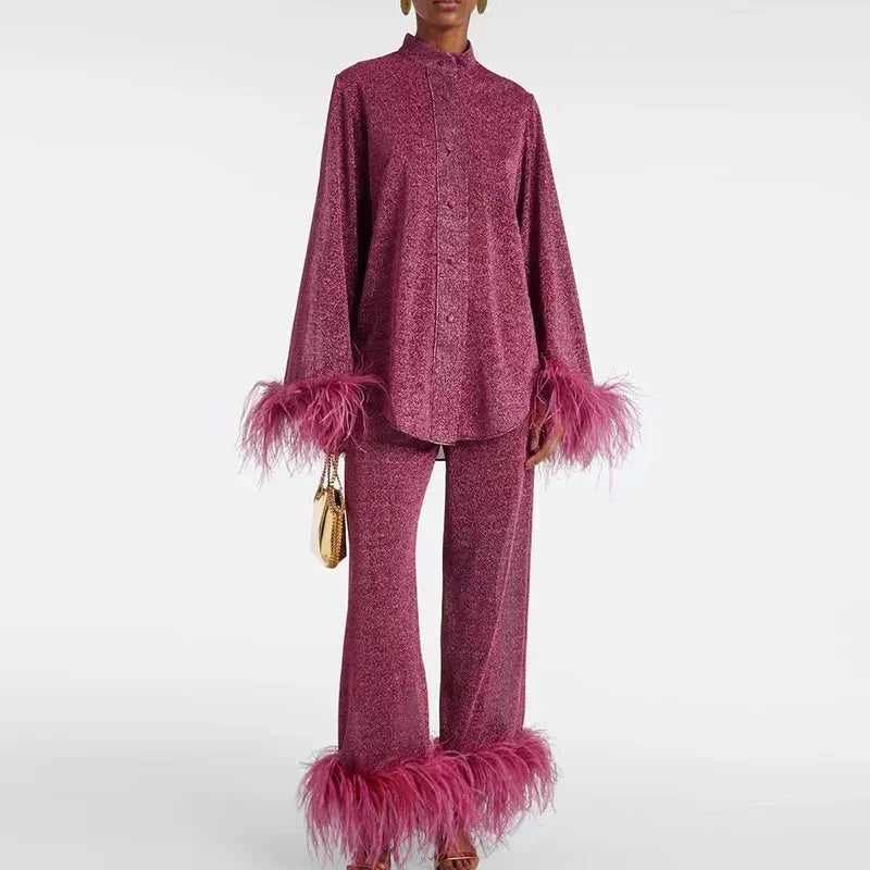 Women's Knit Matching Set Fall Feather Trim Two Piece Outfit with Shimmer Finish