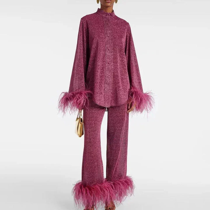 Women's Knit Matching Set Fall Feather Trim Two Piece Outfit with Shimmer Finish