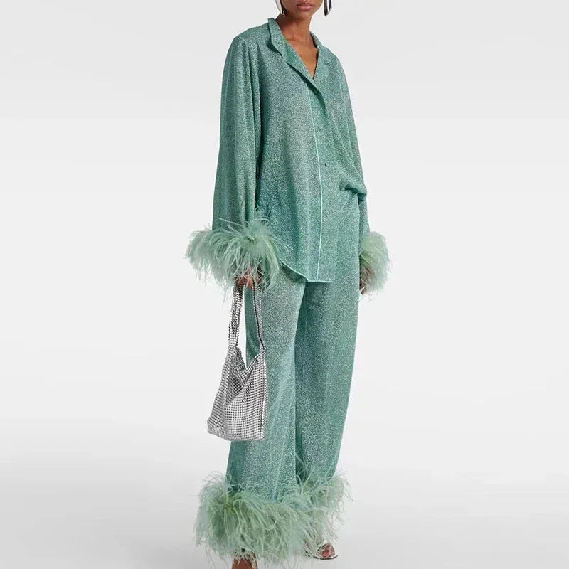 Women's Knit Matching Set Fall Feather Trim Two Piece Outfit with Shimmer Finish