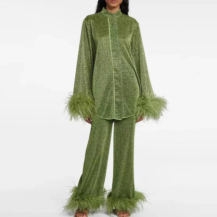 Women's Knit Matching Set Fall Feather Trim Two Piece Outfit with Shimmer Finish