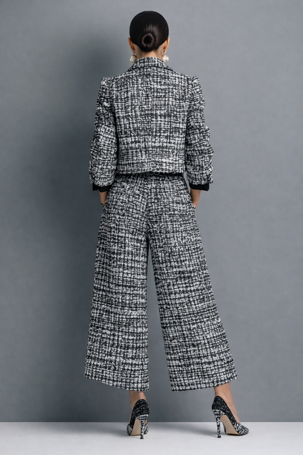 Women's Tweed Suit Set Autumn Cropped Jacket & Wide-Leg Trousers