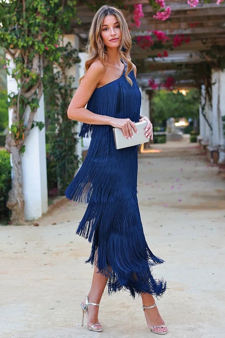 Women's Asymmetrical One-Shoulder Knit Fringe Maxi Dress Autumn