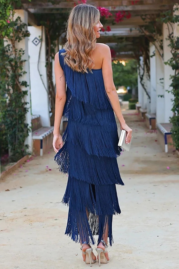 Women's Asymmetrical One-Shoulder Knit Fringe Maxi Dress Autumn