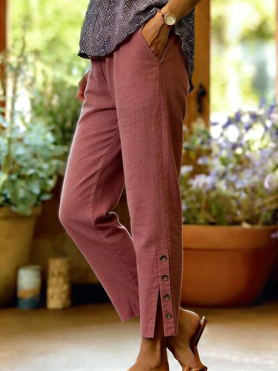 Women's Cotton Linen Loose Pants Autumn Wide-Leg Button Trousers
