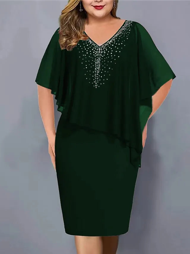 Women's Chiffon Cape Midi Dress Spring Rhinestone V Neck Bodycon Cocktail Party Dress
