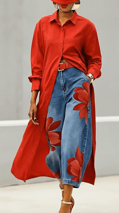 Women's Cotton Midi Shirt Dress Autumn Long-Sleeve Casual Dress