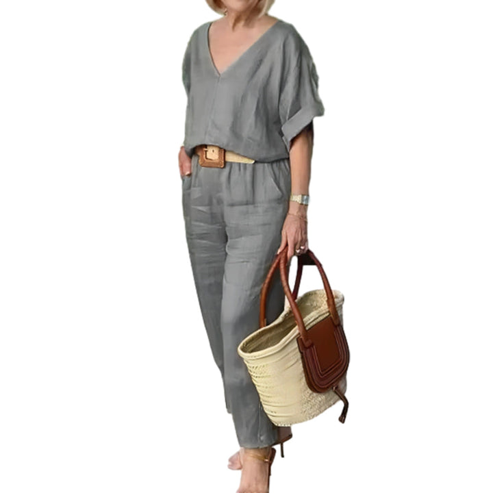 Women's Two Piece Set Spring Linen Look V-Neck Top and Straight Leg Pants Casual Outfit