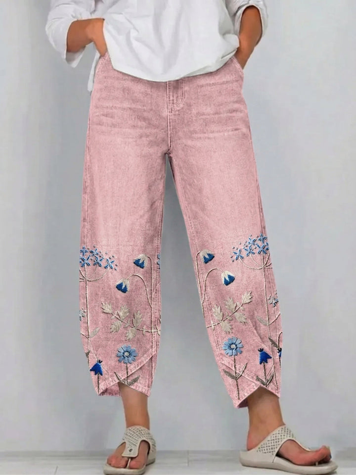 Women's Cotton Denim Pants Autumn Floral Embroidered Straight Jeans