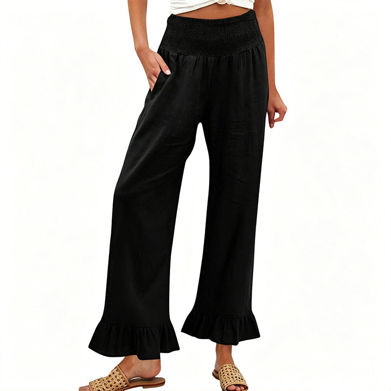 Women's Cotton Linen Wide Leg Pants Spring High Waisted Smocked Ruffle Hem Boho Trousers