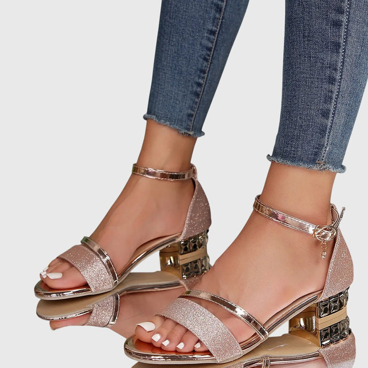 Women's Low Block Heel Sandals Spring Ankle Strap Open Toe Glitter Dress Sandals for Summer