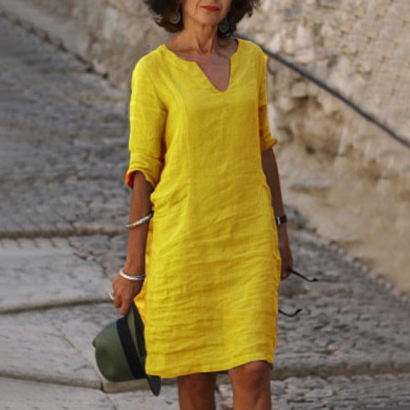 Women's Cotton Casual Midi Dress with V-Neck and 3/4 Sleeves for Autumn