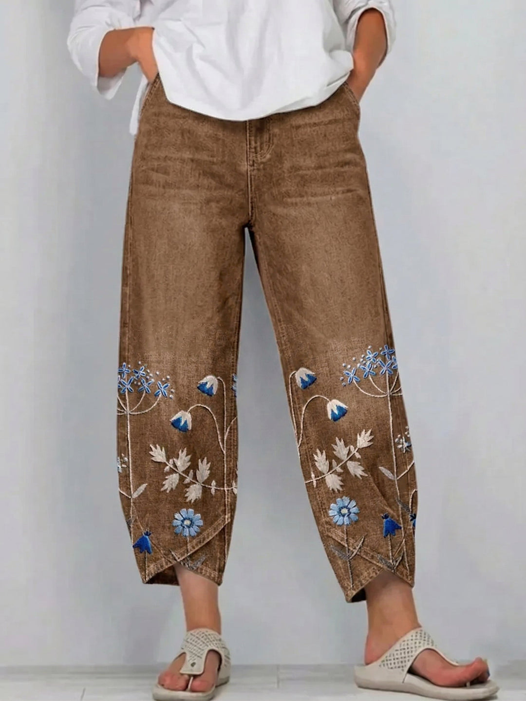 Women's Cotton Denim Pants Autumn Floral Embroidered Straight Jeans