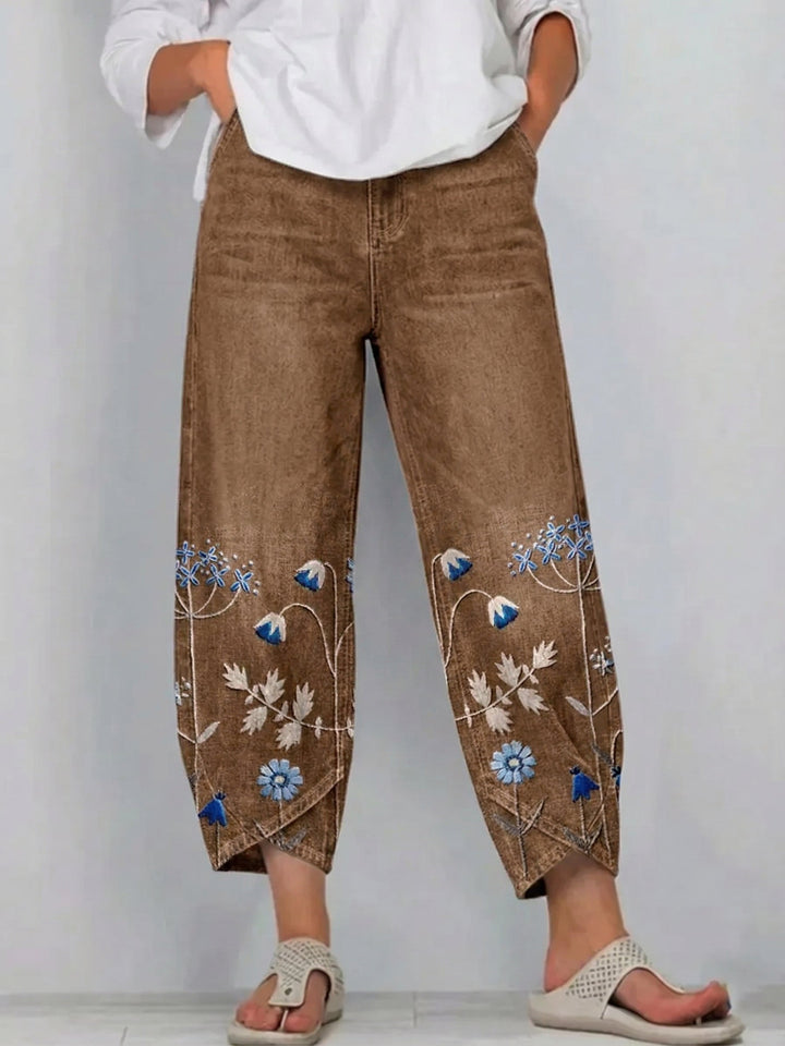 Women's Cotton Denim Pants Autumn Floral Embroidered Straight Jeans