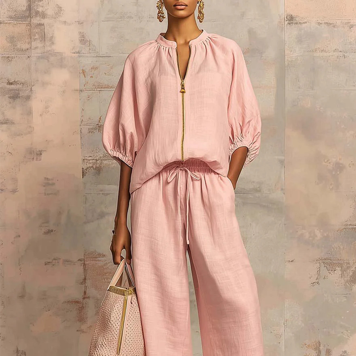 Women's Zip-Up Cotton Two-Piece Set Autumn Wide-Leg Lounge Set