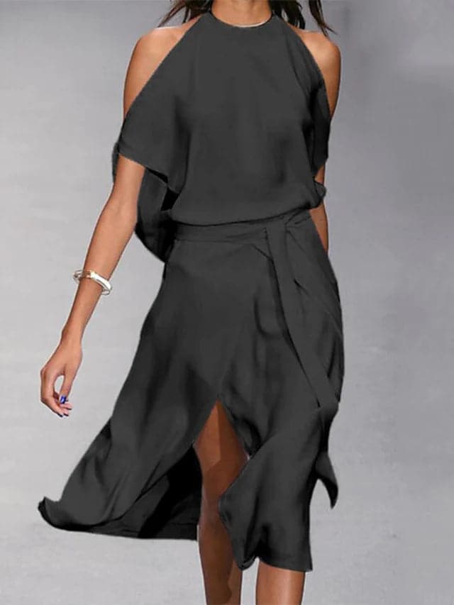 Elegant women's halter-neck midi dress with a slit
