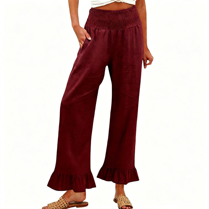 Women's Cotton Linen Wide Leg Pants Spring High Waisted Smocked Ruffle Hem Boho Trousers