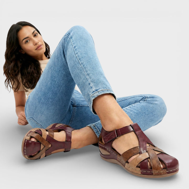 Women's Leather Sandals with Closed Toe and Crisscross Straps for Fall Walking Wear