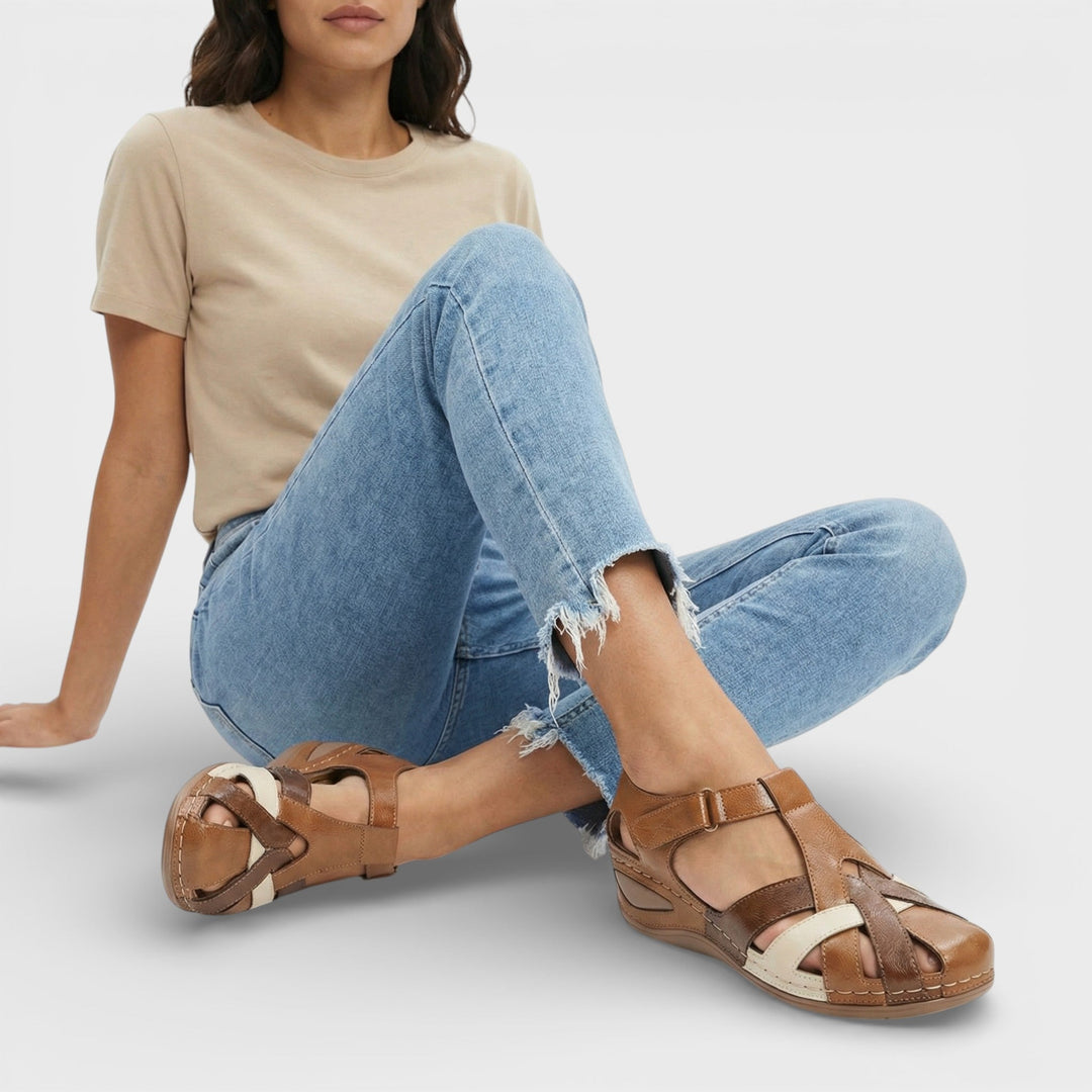 Women's Leather Sandals with Closed Toe and Crisscross Straps for Fall Walking Wear