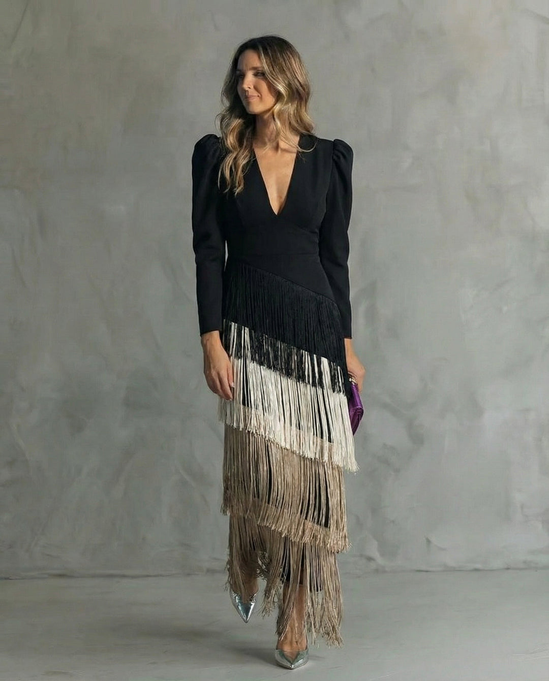 Women's Fringe Midi Cocktail Evening Dress Autumn Party Gown