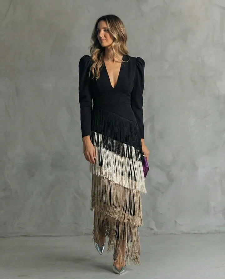 Women's Fringe Midi Cocktail Evening Dress Autumn Party Gown