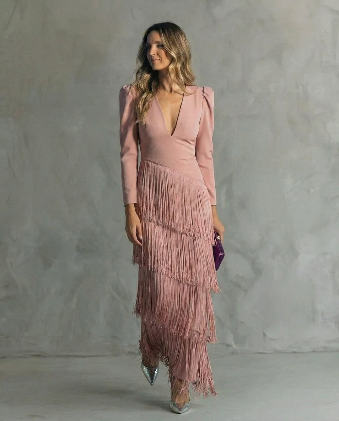 Women's Fringe Midi Cocktail Evening Dress Autumn Party Gown