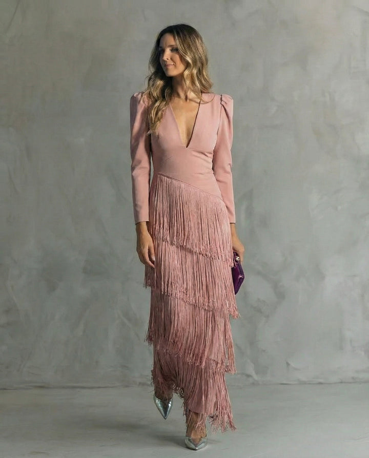 Women's Fringe Midi Cocktail Evening Dress Autumn Party Gown