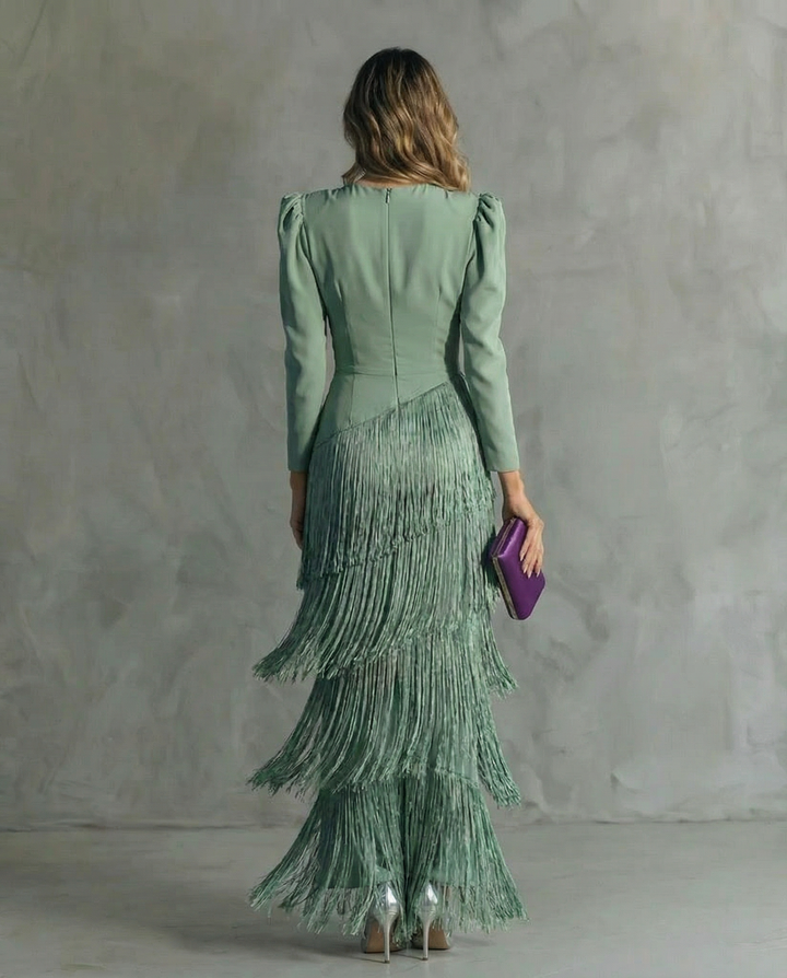 Women's Fringe Midi Cocktail Evening Dress Autumn Party Gown