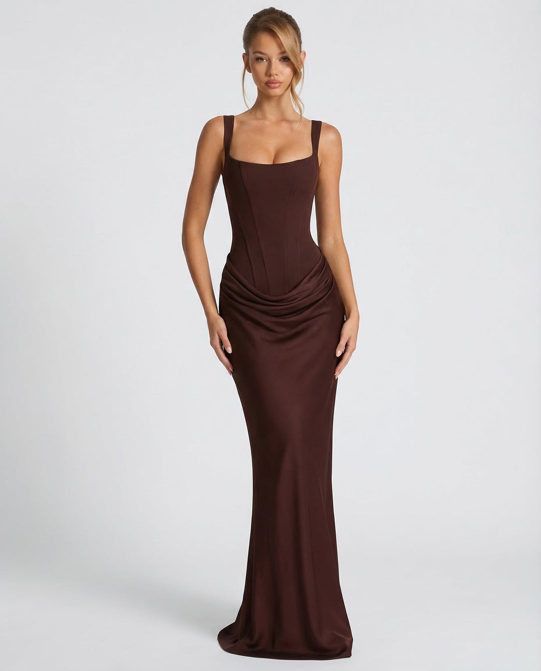 Maxi Dress for Women Fall Evening Dress with Square Neck and Draped Waist Silhouette