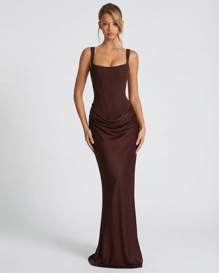 Maxi Dress for Women Fall Evening Dress with Square Neck and Draped Waist Silhouette